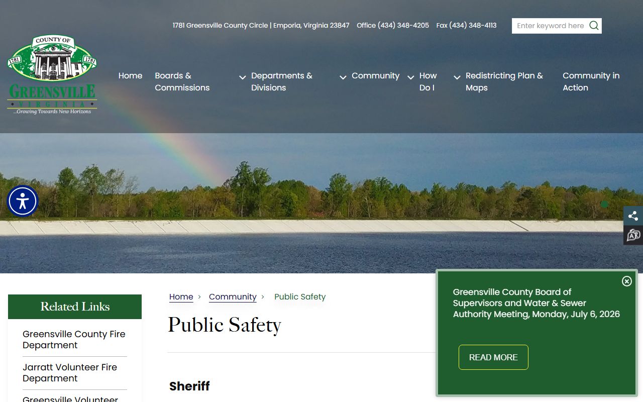 Greensville County public safety page showing Southside Regional Jail inmate population information