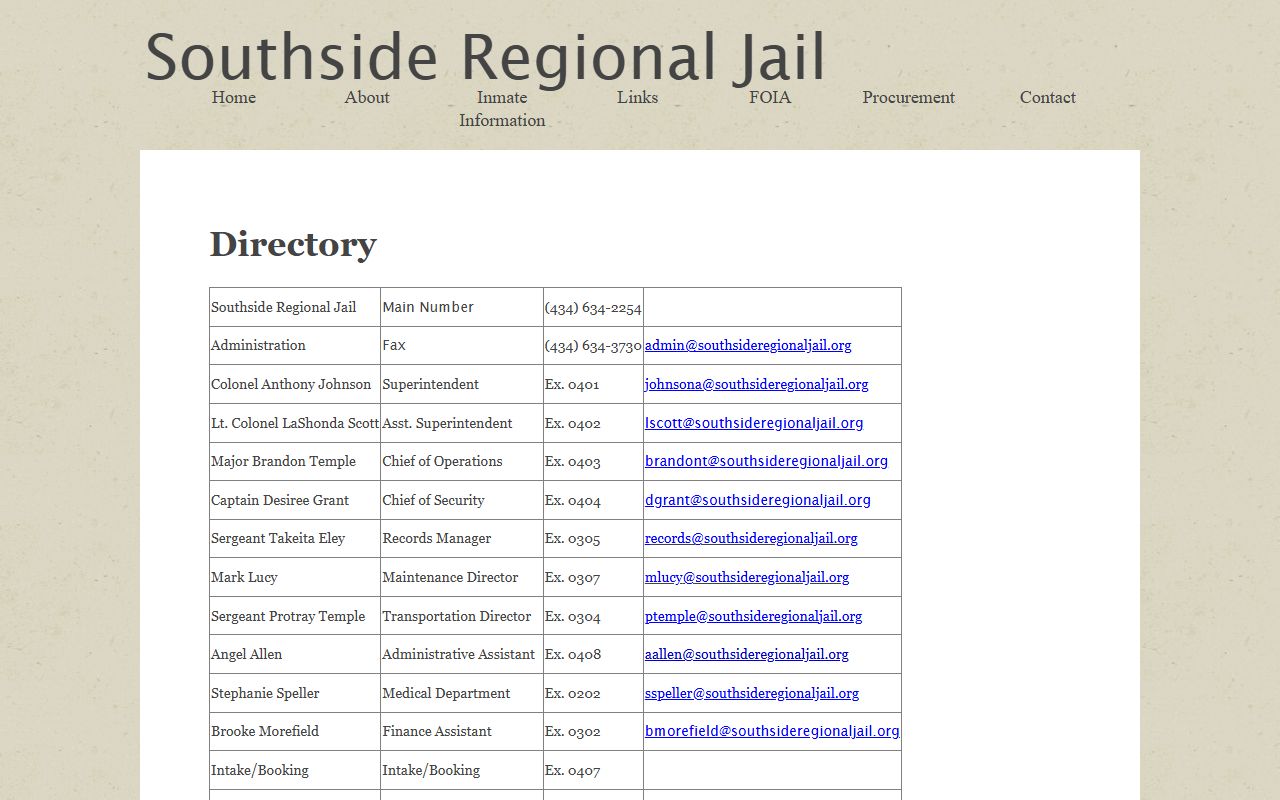 Southside Regional Jail directory for Greensville County booking photo records