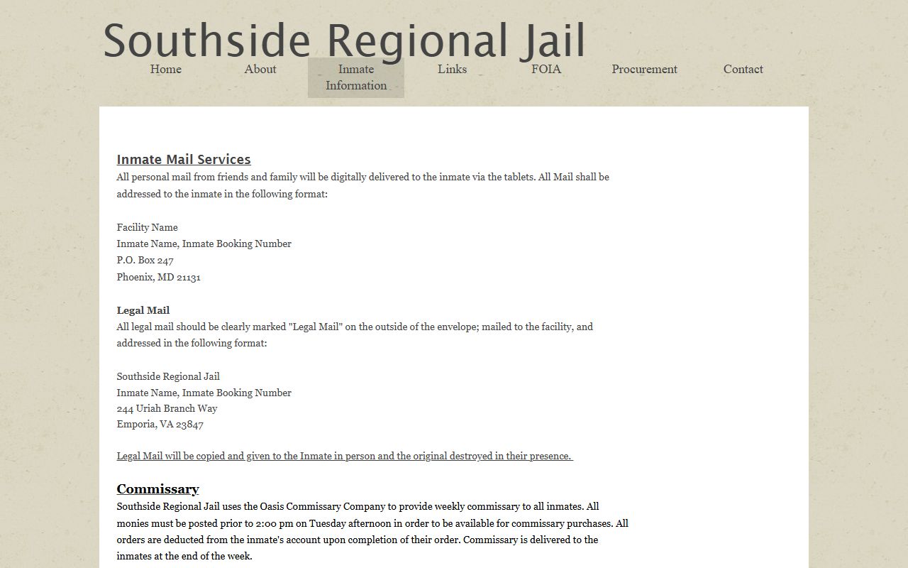Southside Regional Jail inmate policies for mail commissary and phone records
