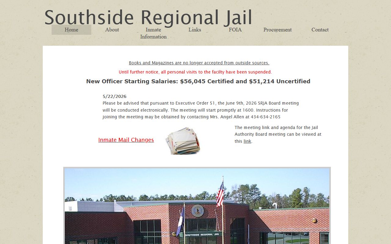 Southside Regional Jail inmate information homepage for Greensville County custody