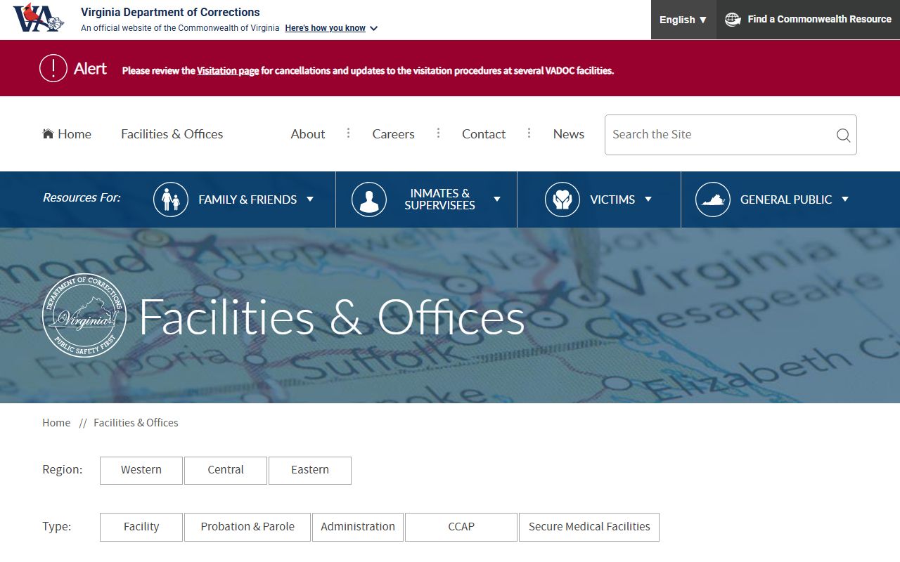 VADOC facility index listing Greensville Correctional Center inmate facility contact